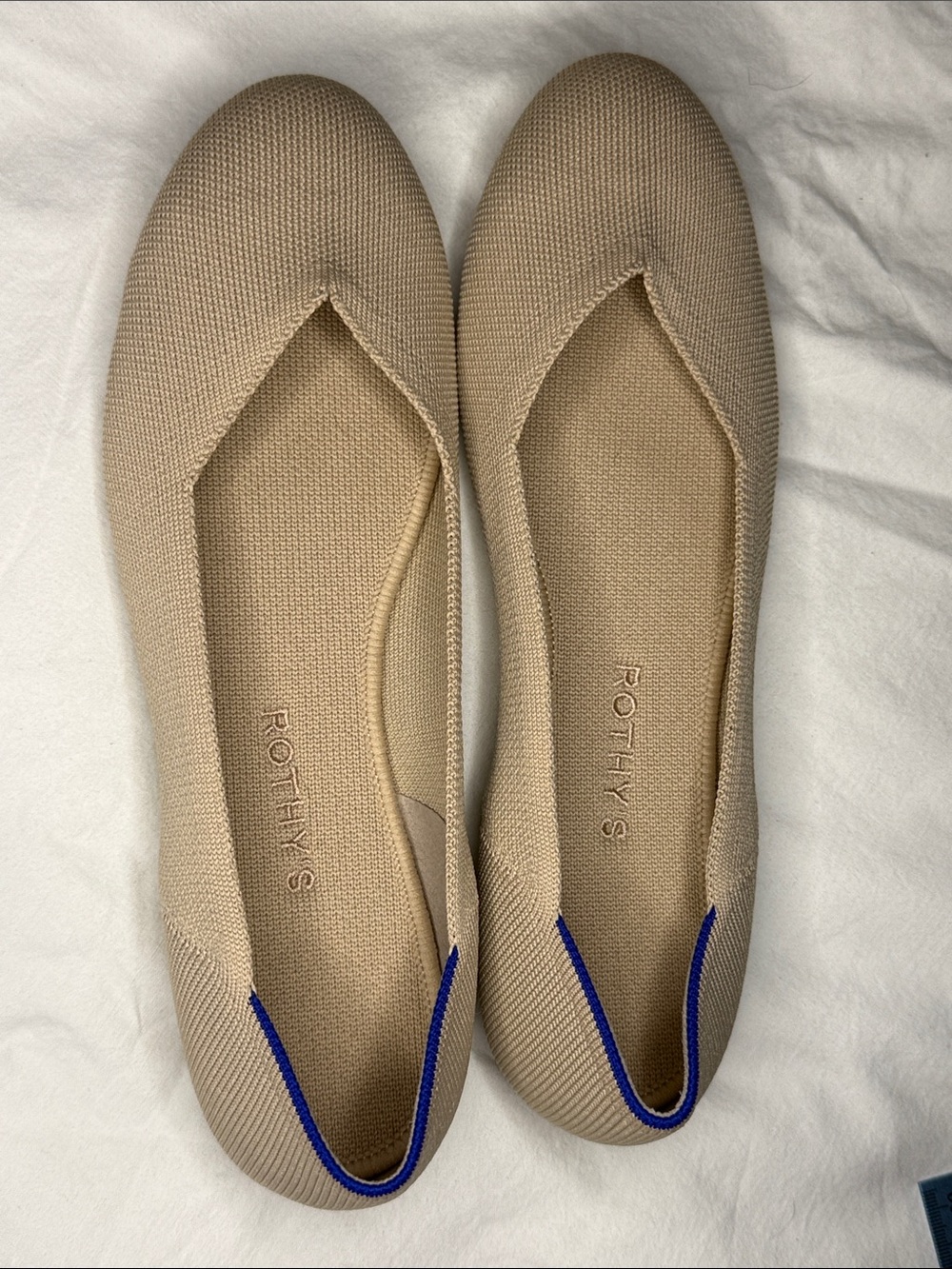 Rothy's Beige Knit Ballet Flats with Blue Trim NWOT